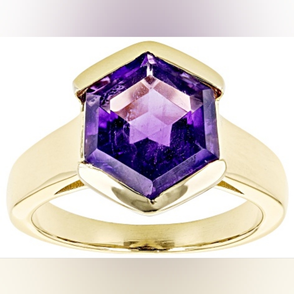 Sz 8,Unique Bezel Set 4.05CT Hexagon Cut African Amethyst 18K YG over 925 Silver